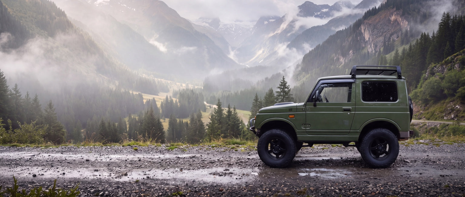 1996 Suzuki Jimny overlooking a mountain valley