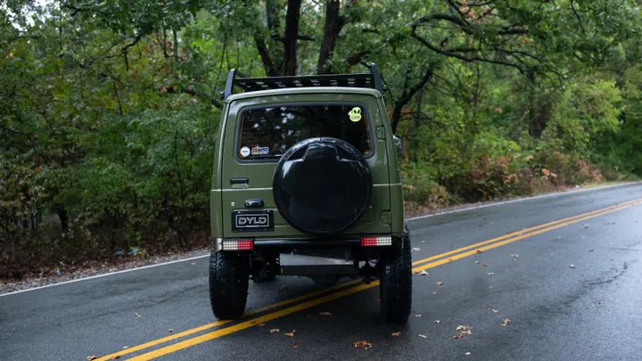 Rear view of the Suzuki Jimny with its spare wheel cover
